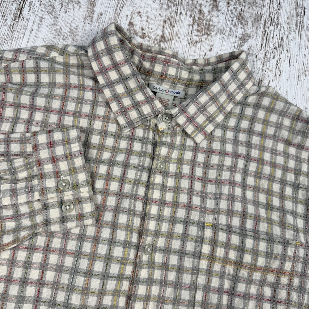Carbon 2 Cobalt Shirt Mens XL Green Beige Plaid Textured Long Sleeve Casual‎